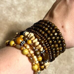 10 Wooden Beaded Bracelets, Set of 10